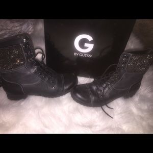 Black Rhinestones Combat Boots by Guess👢👢